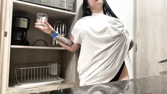 Wet masturbation in the hotel kitchen - large natural titties