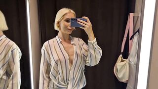 Large Breasts in the Dressing Room. Try On Hot Watch-Throughout Outfit