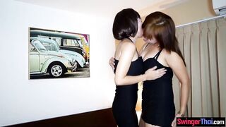 Amateur lesbo Oriental MILFs using dildos on every others snatch