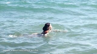 Stepmom drilled her stepson on a nudist beach, constantly looking back