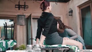 Breasty tranny Emma Rose fucks her college gf in public cafe