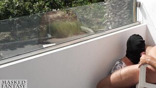 Public Oral sex on Sunny Balcony makes him cum fast, during the time that strangers walking by during his loadshot