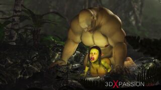 Green monster Ogre bangs hard a lewd female goblin Arwen in the enchanted forest