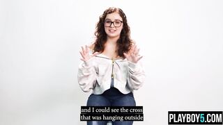 Chubby brunette hair big beautiful woman babe Leana Lovings fingers her soaked twat for us