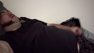 Fat stud masturbates to climax and cum in couch