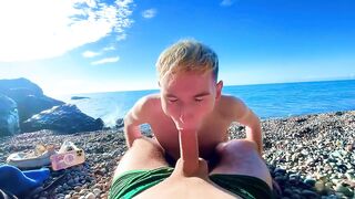 Sucking a large wang with a drank and gives cum in a taut booty on a stripped beach
