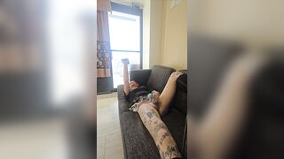 Trans floozy cums on her own face