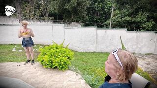 Grandma has bad intentions and convinces gardener to let her screw him in the booty with the thong-on